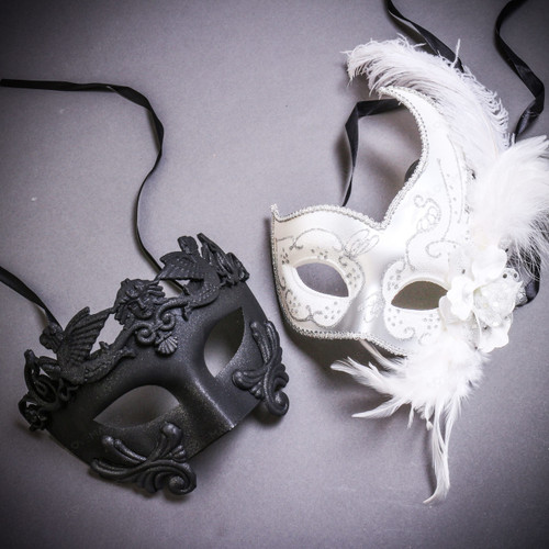Black Roman Warrior Metallic & White Side Feather Glitter Couple Masks Set