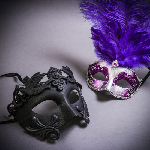 Black Roman Warrior Metallic & Silver Mardi Gras Eye Mask with Top Purple Feather Couple Masks Set
