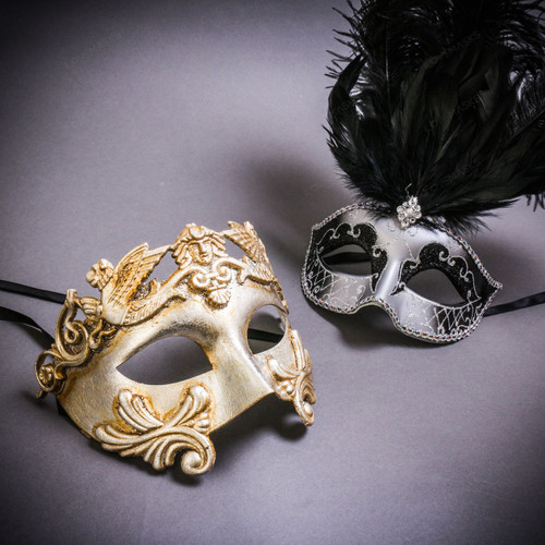 Silver Venetian Roman Warrior Greek Men & Silver Mardi Gras Eye Mask with Top Black Feather Couple Masks Set