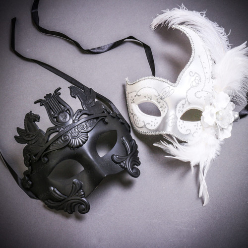 Black Roman Greek Emperor with Pegasus Horses & White Side Feather Glitter Couple Masks Set