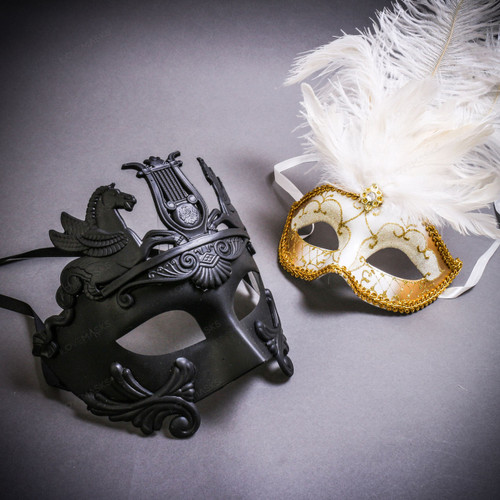 Black Roman Greek Emperor with Pegasus Horses & Gold Mardi Gras Eye Mask with Top White Feather Couple Masks Set