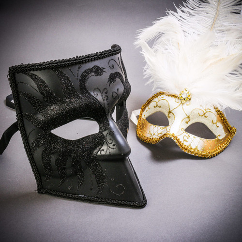 Black Glitter Full Face Bauta & Gold Mardi Gras Eye Mask with Top White Feather Couple Masks Set