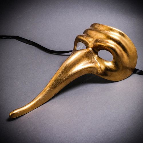 Full Face Zanni Long Nose Venetian Mardi Gras Mask Masquerade - Gold