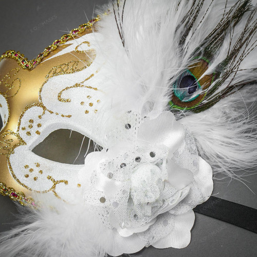 Masquerade Mask - White - Rhinestone And Feathers - Tassels from Apollo Box