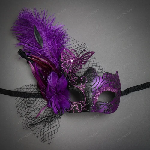 Butterfly Lace Feather Women Mask - Black Purple