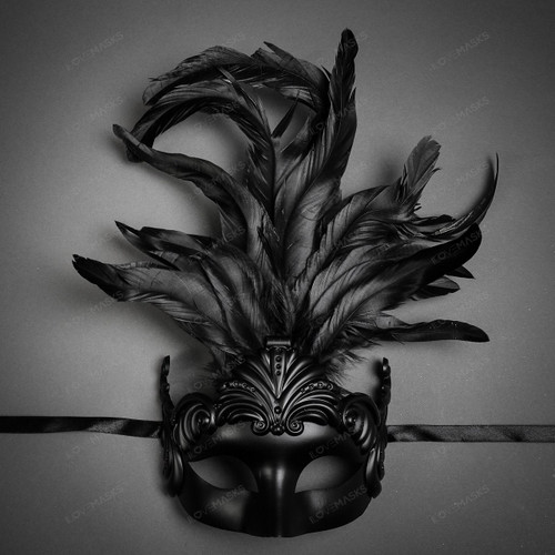 Unisex Men Women Venetian Tall Feather Masquerade Mask - Black