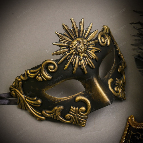 Black Gold Venetian Sun Warrior Greek Men & Gold Black Mardi Gras Top  Feather Couple Masks