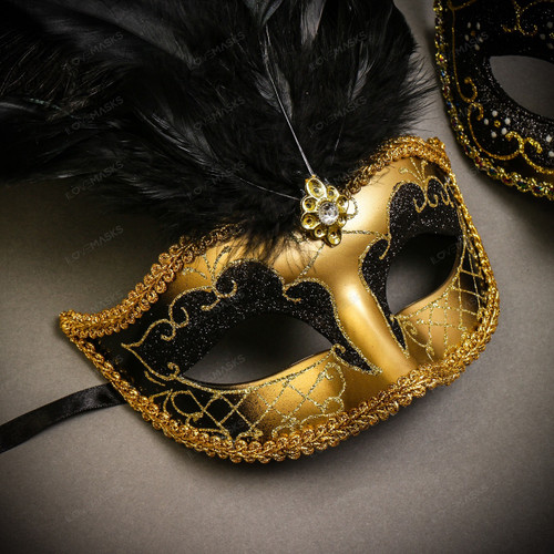 Venetian Half Moon Masquerade Feather Mask - Gold Black