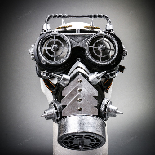 Steampunk Gear Goggles Glasses and Spiked Gas Mask Costume Set - Black Silver