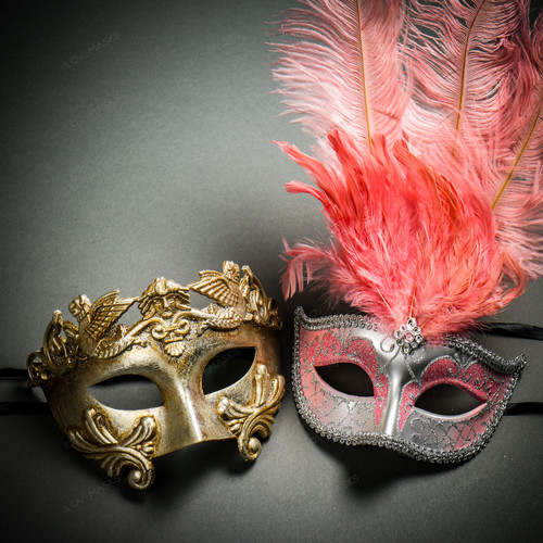 Roman Warrior Metallic Silver & Venetian Silver Mardi Gras Pink Tall Feather Couple Masks