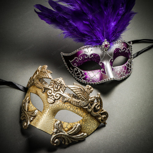 Purple and Black Couples Venetian Party Mask - Couples Masquerade Masks