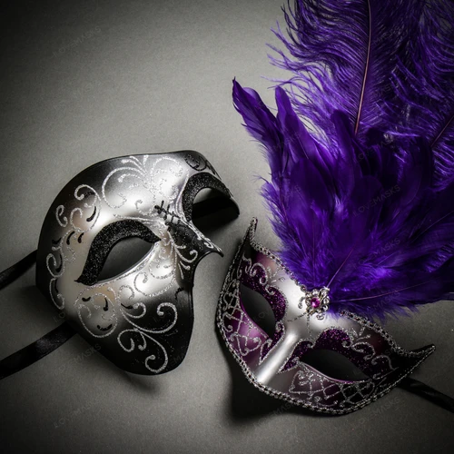 Phantom Full Face Silver Glitter & Venetian Silver Mardi Gras Black Purple Feather Couple Masks