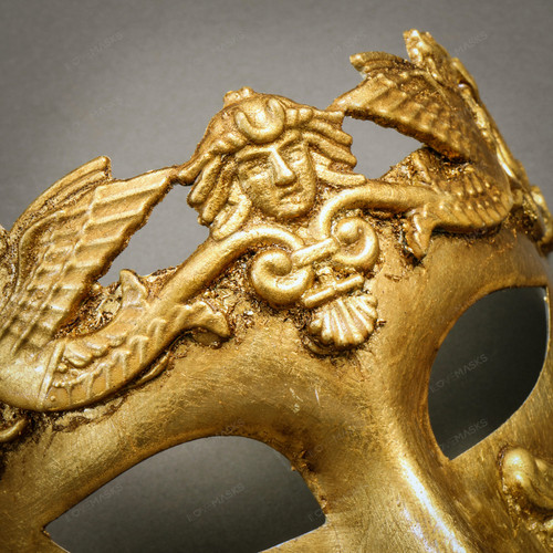 Roman Warrior Metallic Gold & Venetian Gold Mardi Gras Black White Feather  Couple Masks