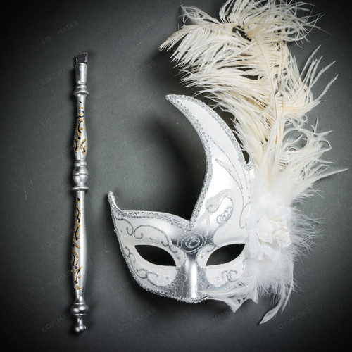 Holding Stick Party Mask | Feather Masquerade Mask Silver White M6131