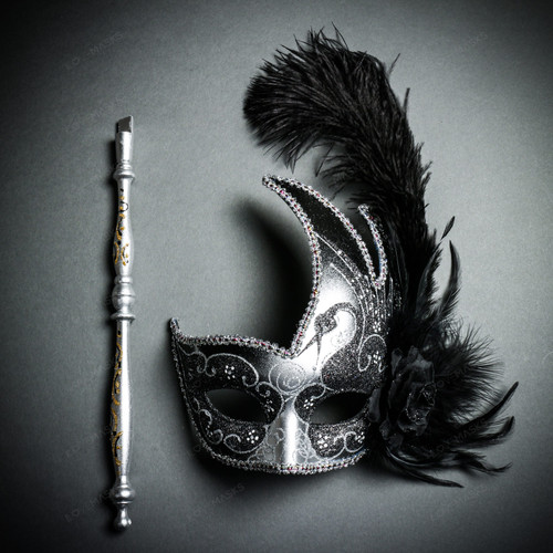 Venetian Feather Masquerade Mask with Stick - Silver Black