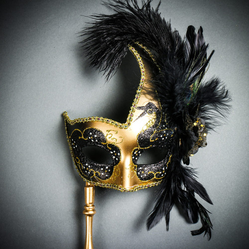 Venetian Side Feather Masquerade Mask with Stick - Gold Black