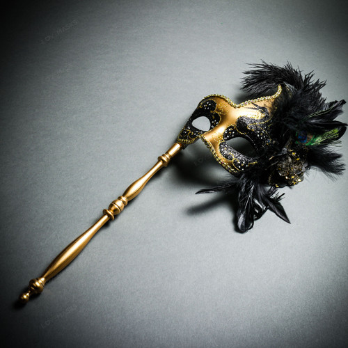 Venetian Side Feather Masquerade Mask with Stick - Gold Black