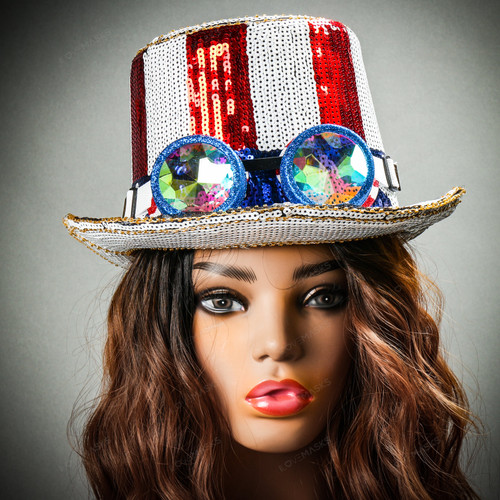 Steampunk Burning Man USA with Kaleidoscope Sam 3D Glitter Hat Goggles USA Uncle