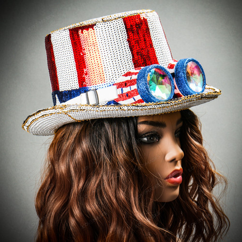 Burning USA Man Steampunk Hat USA Uncle Sam Glitter 3D with Kaleidoscope Goggles