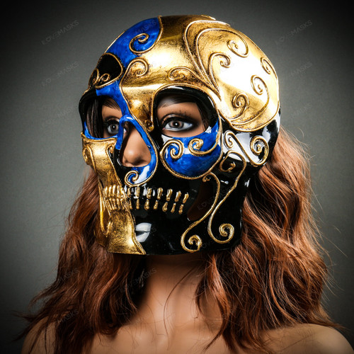 Venetian Mardi Gras Skull Full Face Mask - Blue Gold Black
