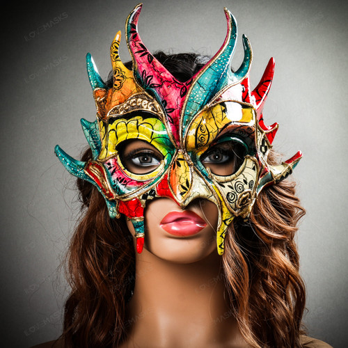 Mythical Demon Devil Crackle Elegant Masquerade Mask - Yellow Blue Red