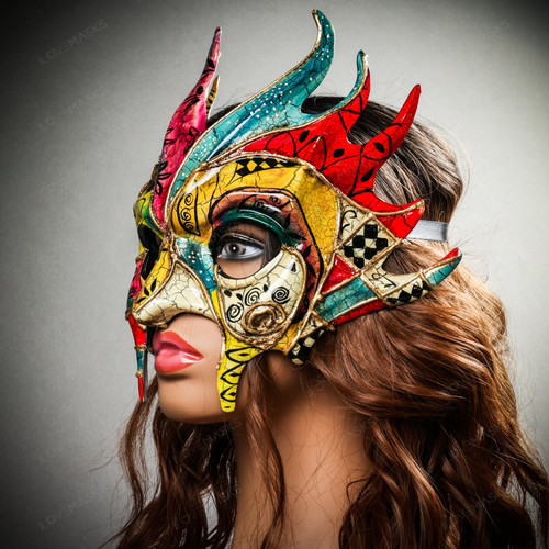 Mythical Demon Devil Crackle Elegant Masquerade Mask - Yellow Blue Red