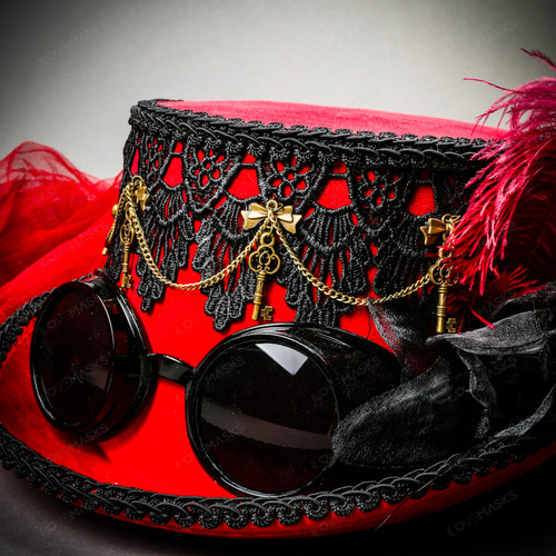 Steampunk Hat Halloween Goggles Gears Feathers Black Red Feather Steampunk Hat Halloween Goggles Gears Feathers Black Red  main image 3