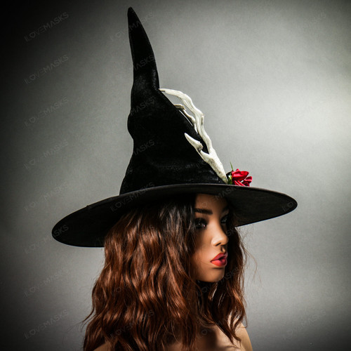Witch Hat w/ side Skull Hand \u0026 Rose - Black