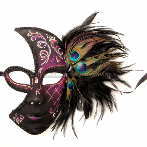 Exquisite Venetian Glitter Mask with Peacock Feather - Black Purple - 4