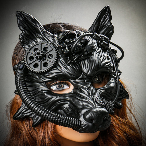 Wild Wolf Animal Steampunk Full Face Masquerade Mask - Black Copper