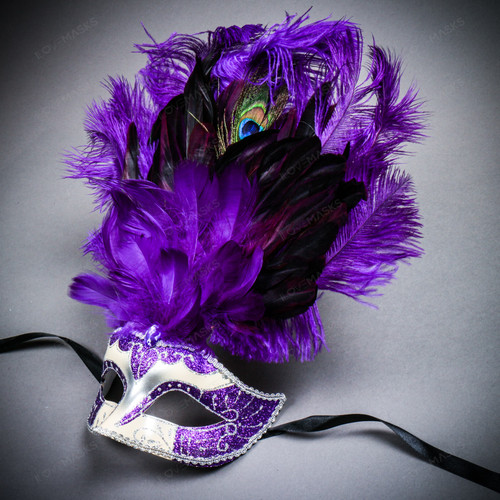 Venetian Glitter Crystal Mardi Gras Mask with Peacock Large