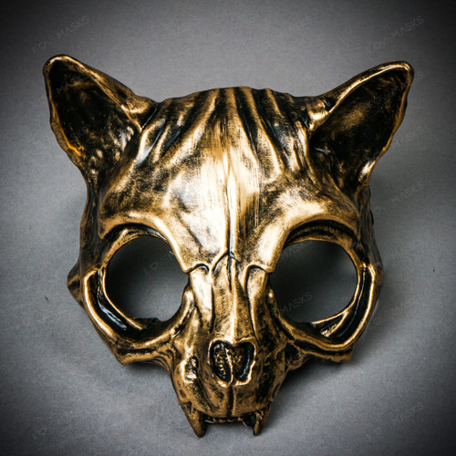 Vampire Cat Skull Masquerade Mask - Black Gold