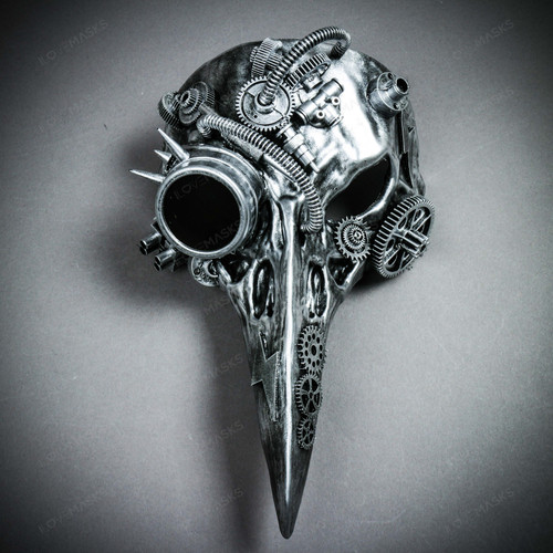 Raven Skull Bird Nose Steampunk Masquerade Mask Silver