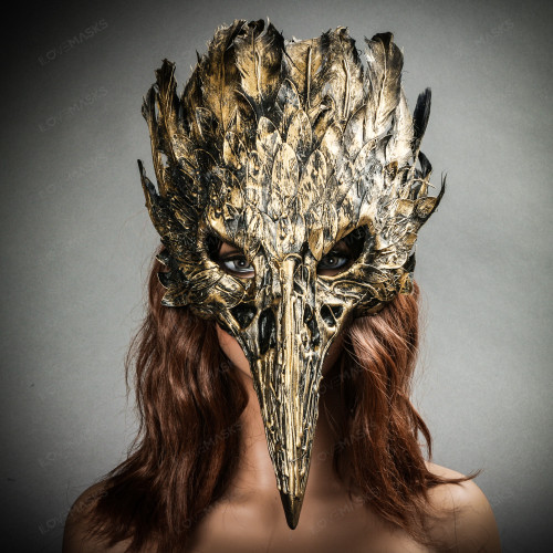 Raven Skull Bird Nose Feather Masquerade Halloween Costume Party Mask - Black Gold