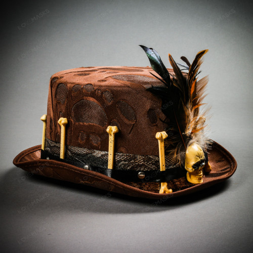Voodoo Low Top Hat with Skull and Feather Brown