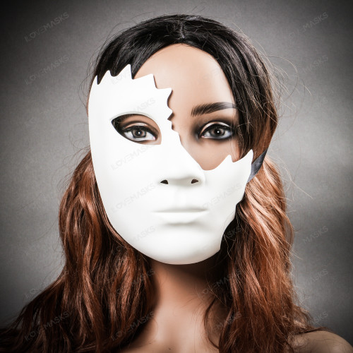 Unpainted Half Face Cracked Phantom Masquerade Mask - White