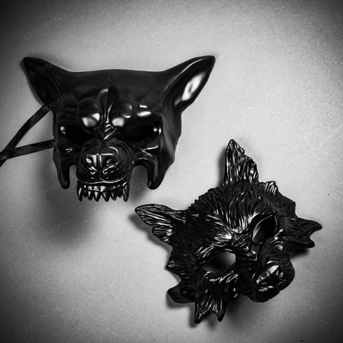 Angry Wolf and Wild Wolf Black Masquerade Couple Party Masks