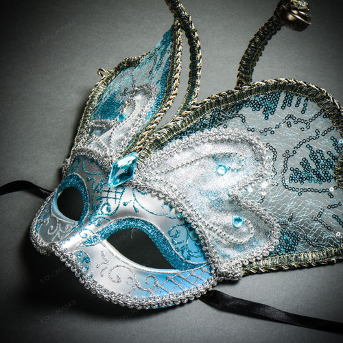 Butterfly Glitter Mardi Gras Party Mask - Blue Silver