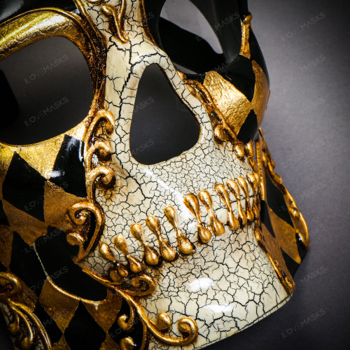 Venetian Mardi Gras Skull Full Face Mask - Black Gold 