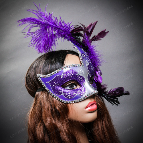 Feather Venetian Mardi Gras Masquerade Mask for Women Gold Black M6131