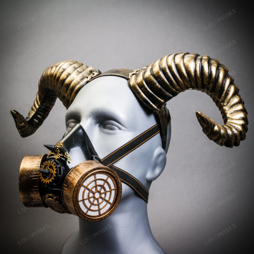 Gold Devil Ram Horn Headband w/ Gold Party Gas Mask Hallween Party Costume