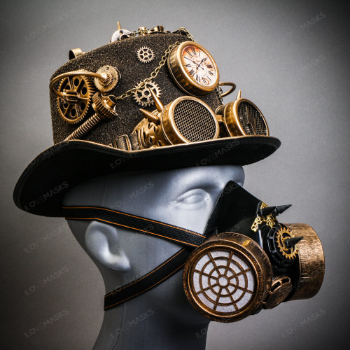 Gold Steampunk Lightning Goggle Top Hat w/ Gold Gas Mask Halloween Costume