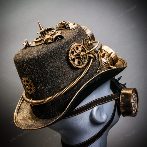 Gold Steampunk Lightning Goggle Top Hat w/ Gold Gas Mask Halloween Costume