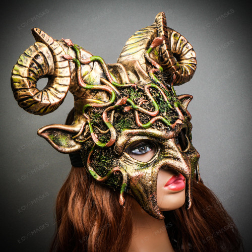 Krampus Ram Demon Horns Devil Woodland Medusa Snake Halloween Masquerade  Mask - Gold Green