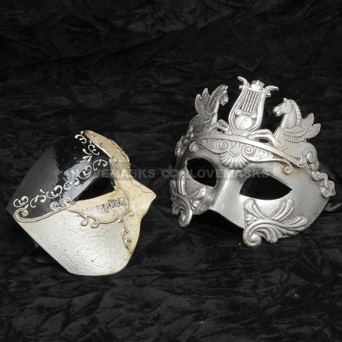 Black Phantom of Opera Musical and Silver Roman Emperor Pegasus Horse Mask Combo