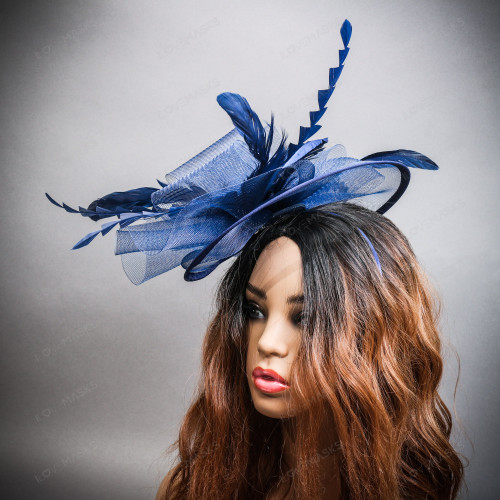 Bow Fascinator Kentucky Derby Headband with Feather - Blue  display picture 2