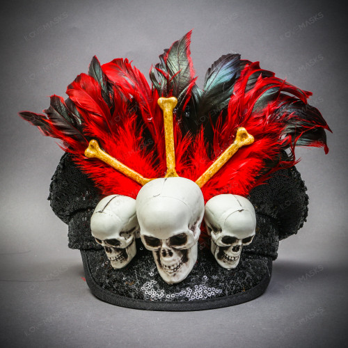 Skull & Crossbones Feather Top Hat – Gothic Pirate Steampunk Costume Hat