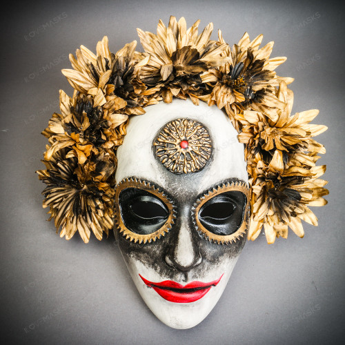 Golden Sunflower Día de los Muertos Mask – Handcrafted White & Gold Sugar Skull Masquerade Mask