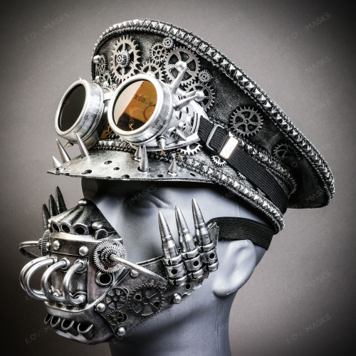 Silver Feather Shoulder Piece + Silver Steampunk Goggles + Black & Silver Steampunk Eye Mask Costume Set