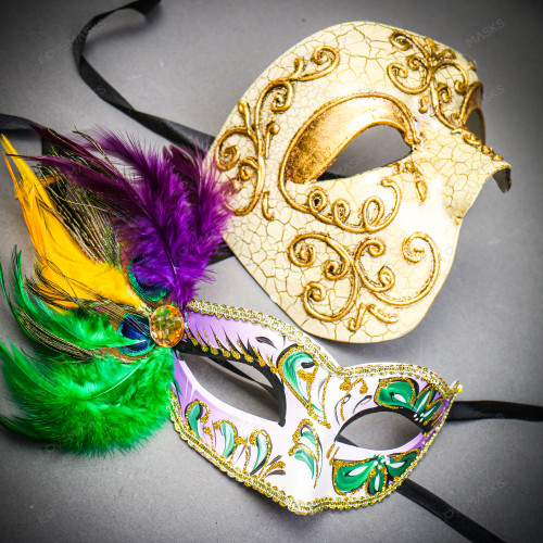 Gold Phantom Half Face Mask & Green & Yellow Masquerade Mask Couple Mask Set